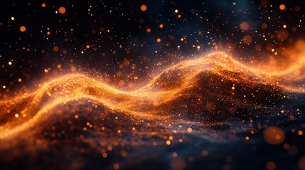 Wall Mural - Abstract glowing orange particles wave on dark background.