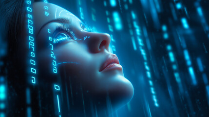 Poster - Woman gazing at digital matrix in blue light display