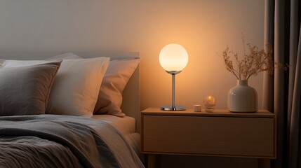 Wall Mural - Warm-lit bedside table lamp illuminates bedroom at night.