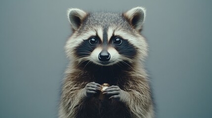 Wall Mural - Close-up portrait of a cute raccoon holding a nut against a gray background.