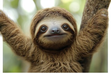 Wall Mural - Adorable baby sloth hanging on tree branch, looking at camera with happy expression.