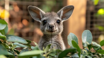 Wall Mural - Adorable joey kangaroo peeking through lush green foliage, looking directly at the camera.