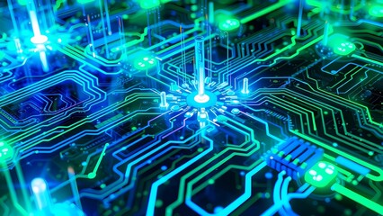 Fototapete - Blue Circuit Board Background with Digital Technology and Network Design