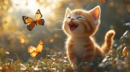 Wall Mural - Happy ginger kitten playing with butterflies in a sunlit meadow.