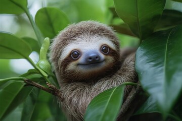 Wall Mural - Adorable baby sloth peering from lush green foliage.