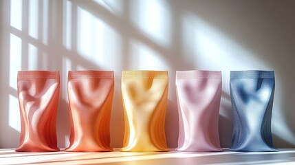 Wall Mural - Five colorful pouches in soft pastel shades stand in a row, illuminated by sunlight streaming through a window.