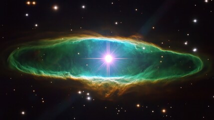 Wall Mural - Bright star at the center of a green nebula, surrounded by a glowing elliptical shell against a dark, starry backdrop.
