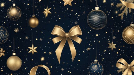Wall Mural - Elegant gold and dark blue Christmas ornaments, stars, and bows on a dark background.
