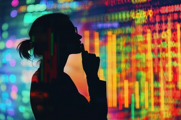 Poster - A silhouette of a person in contemplation against a vibrant, data-driven background, suggesting themes of analysis, technology, and decision-making.