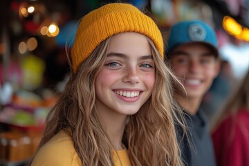 Happy teenage girl with friend in background at market.