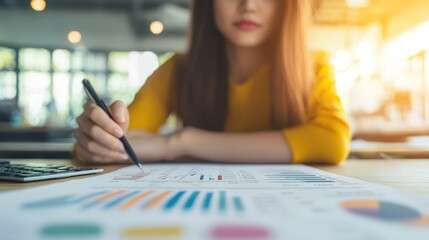 Poster - A woman analyzes graphs and charts while taking notes, focused on her work in a bright, modern office environment.
