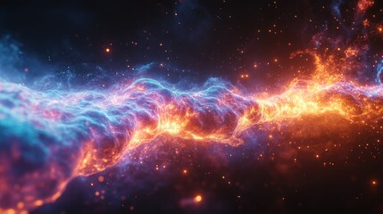 Wall Mural - Abstract fiery and icy energy stream flowing through dark space with sparks.