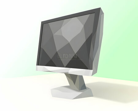 Low-poly monitor screen on desk, modern minimalist office background, digital technology illustration.