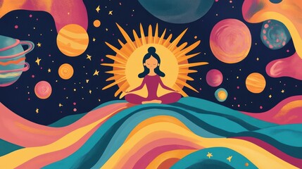 woman meditating amidst colorful planets and galaxies, cosmic energy.