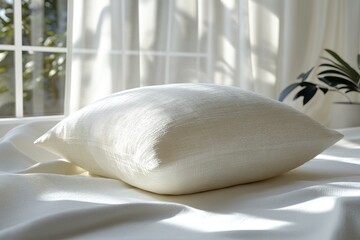 Wall Mural - Soft, textured off-white throw pillow on bed near window.