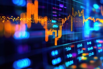 Poster - A vibrant, digital graph displays fluctuating data trends with glowing lines and indicators, representing financial or statistical analysis.