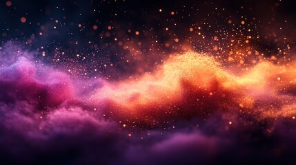Wall Mural - Abstract cosmic nebula with vibrant purple and orange clouds and glowing particles.