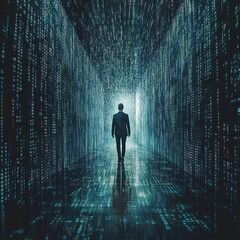 Fototapete - Exploring the digital abyss a man in a binary corridor virtual space futuristic perspective technology concept