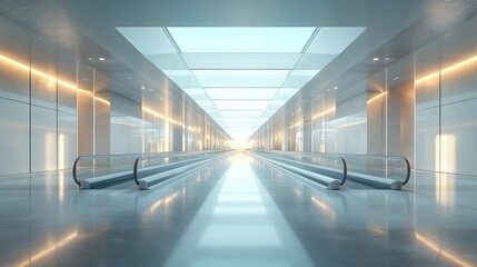 Futuristic minimalist hallway with moving walkways and bright lighting.