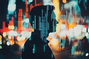Poster - A silhouette of a person against vibrant city lights, overlaid with digital graph patterns, symbolizing innovation and technology.
