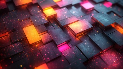 Sticker - Abstract glowing cubes, metallic texture, vibrant colors, digital art, technology background.