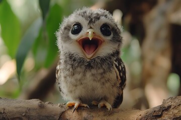 Canvas Print - Adorable baby owl chick with large eyes and open beak perched on a branch.