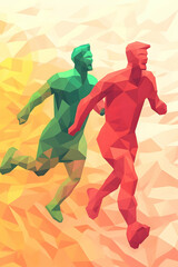 Poster - Low-poly runners racing, abstract background, sports design.