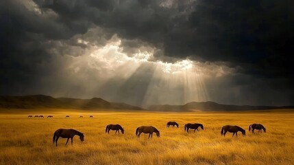 Canvas Print - A serene landscape featuring horses grazing under dramatic clouds and sunlight.