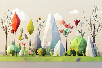 Low-poly spring landscape, colorful flowers, mountains, background, website banner.