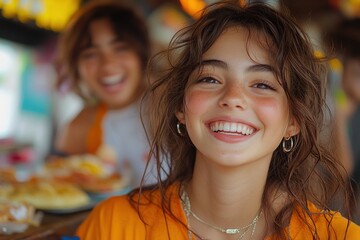 Wall Mural - Happy young woman smiling with friends in background at a cafe.