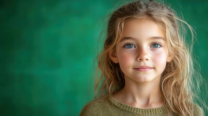 Wall Mural - Portrait of a cute little girl with long blonde hair and blue eyes against a green background.