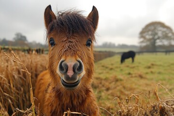 Wall Mural - Playful chestnut pony in field, smiling.