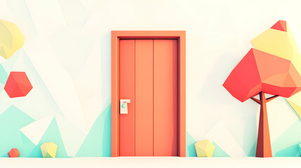 Orange Door Low-poly wall background, trees, entryway, minimalist design, website banner.
