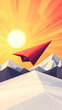 © bcendet - Red paper plane soaring sunset snowy mountains; freedom, adventure concept.