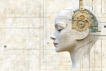 Aufkleber - A conceptual design of a head divided into geometric sections, with gears neatly positioned in one quadrant, all in muted tones