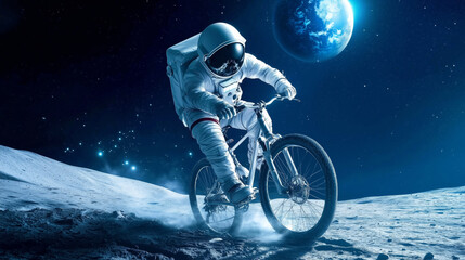 Wall Mural - astronaut rides bike on the moon's surface at night