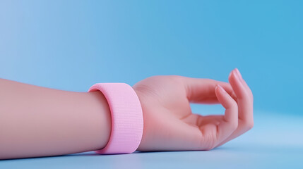 Poster - close up of hand wearing pink fitness tracker on blue background, showcasing modern technology and style