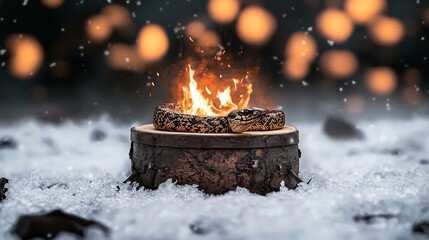 Poster - Snake Curled Around Traditional Drum in Snowy Field with Captivating Firework Reflections   Festive Cultural Expression and Chinese New Year Symbolism