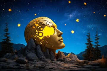 Aufkleber - A digital painting of a glowing head-shaped structure made of gears, set against a starry night sky to symbolize futuristic thinking