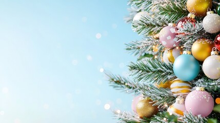 Wall Mural - Pastel Christmas tree ornaments on snowy branches against a light blue background with bokeh.