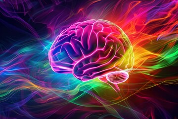 Poster - Human brain glowing with colorful energy waves, creativity and imagination unleashed
