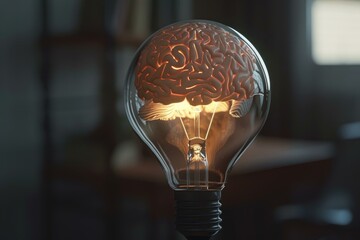Poster - Bright idea, human brain glowing inside light bulb illuminating dark room