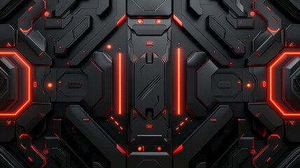 Poster - Abstract black and red futuristic background with intricate geometric patterns and glowing lines