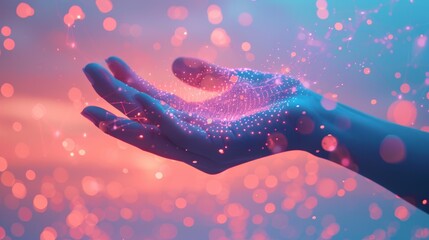 Poster - creative hand reaching out to colorful sparkles against a dreamy background at twilight