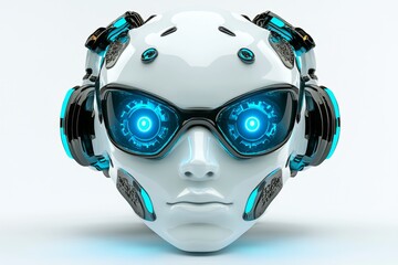 Poster - A futuristic cybernetic head with glowing blue gears visible through transparent sections, representing advanced AI technology
