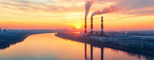 Wall Mural - a serene sunset over a river, with industrial smokestacks emitting smoke, highlighting the contrast 