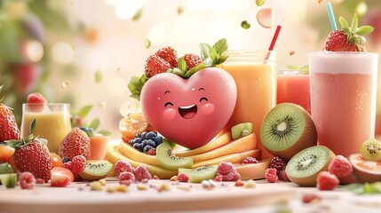 Poster - Heart shaped character painting a vibrant rainbow using fruit juices in a style for a creative health education concept  The image represents imagination wellness