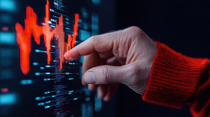 Poster - person interacts with digital interface displaying data trends and analytics. vibrant red graph highlights key metrics and insights
