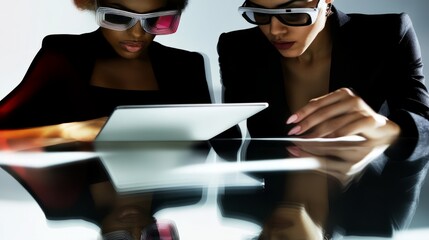 Poster - Two businesswoman working together using digital work tablet pc business project. Small creative diversity team of African American female and young woman do meeting in office. Banner, copy space 