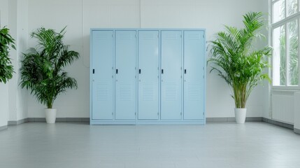 Wall Mural - Light blue lockers in a bright room flanked by potted plants.